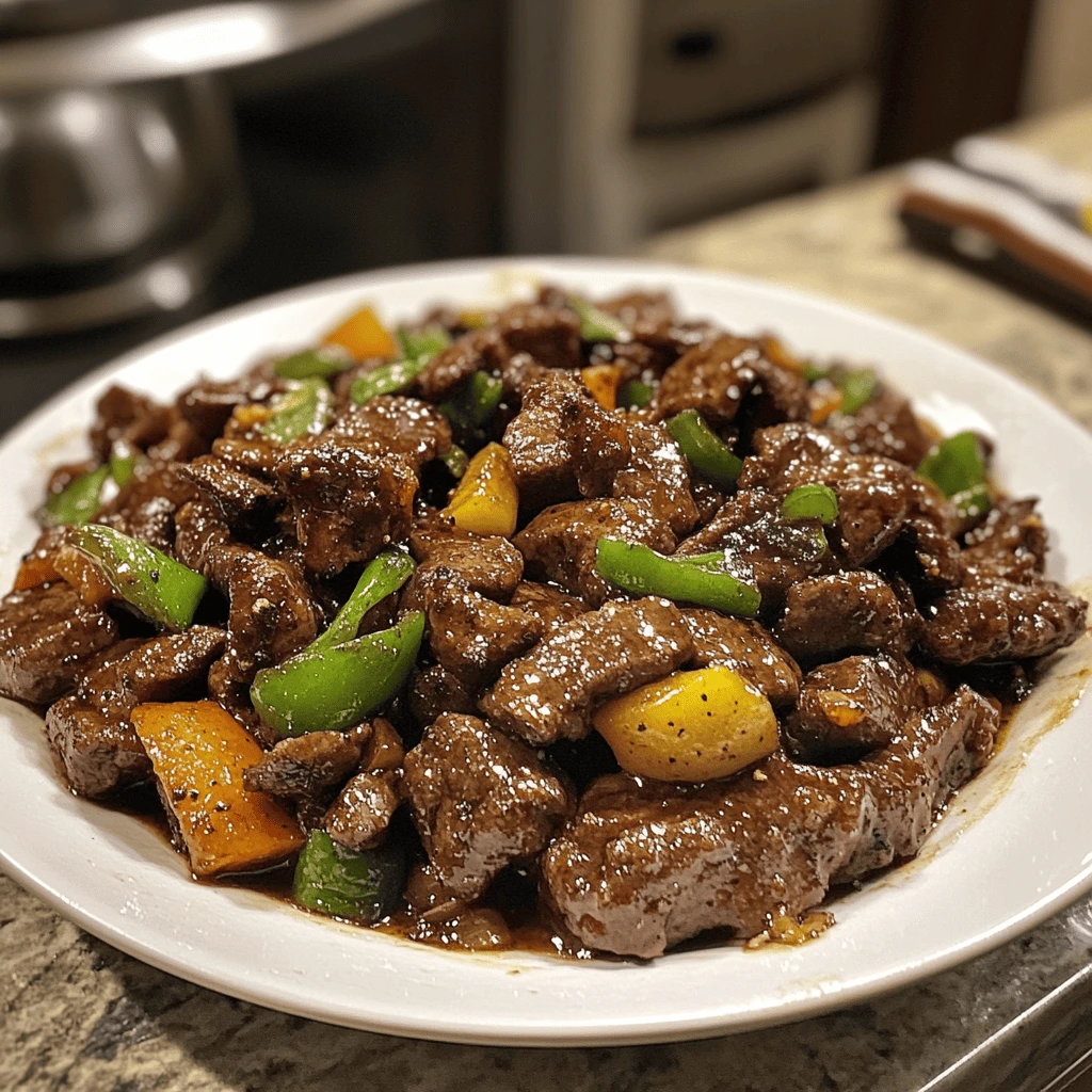 A plate of Black Pepper Beef with tender beef chunks, bell peppers, and onions coated in a savory black pepper sauce