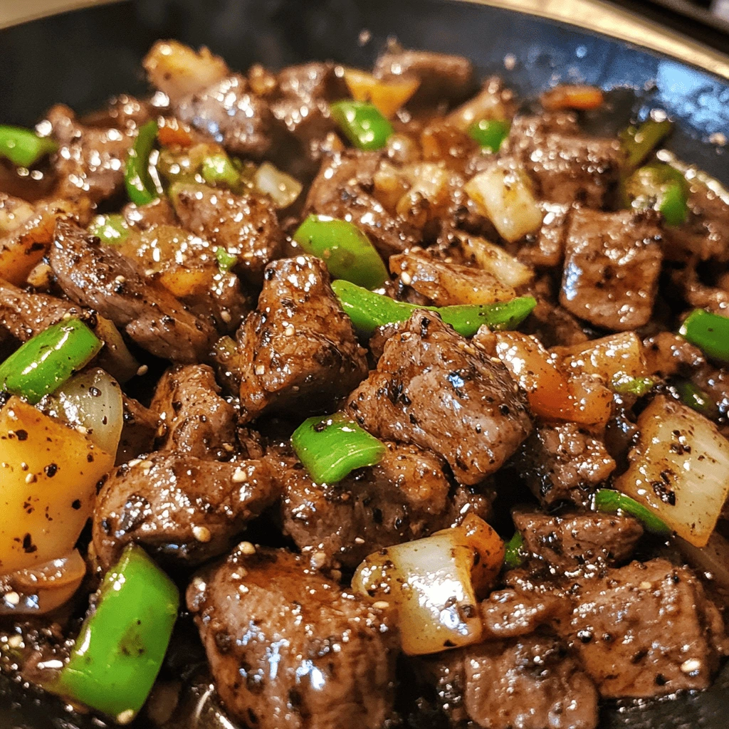 A sizzling pan of Black Pepper Beef with juicy beef cubes, green bell peppers, yellow bell peppers, and onions in a thick black pepper sauce