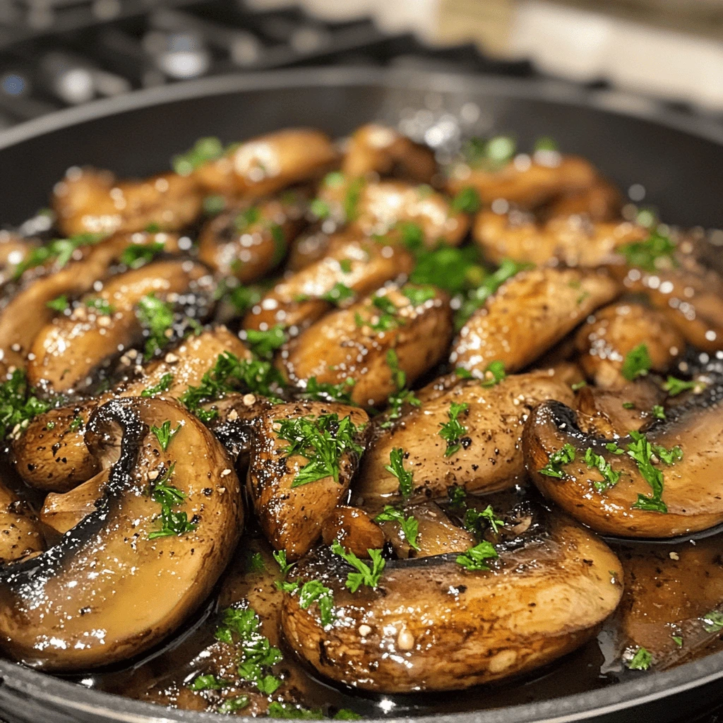 Caramelized king trumpet mushrooms in a savory sauce, garnished with fresh herbs