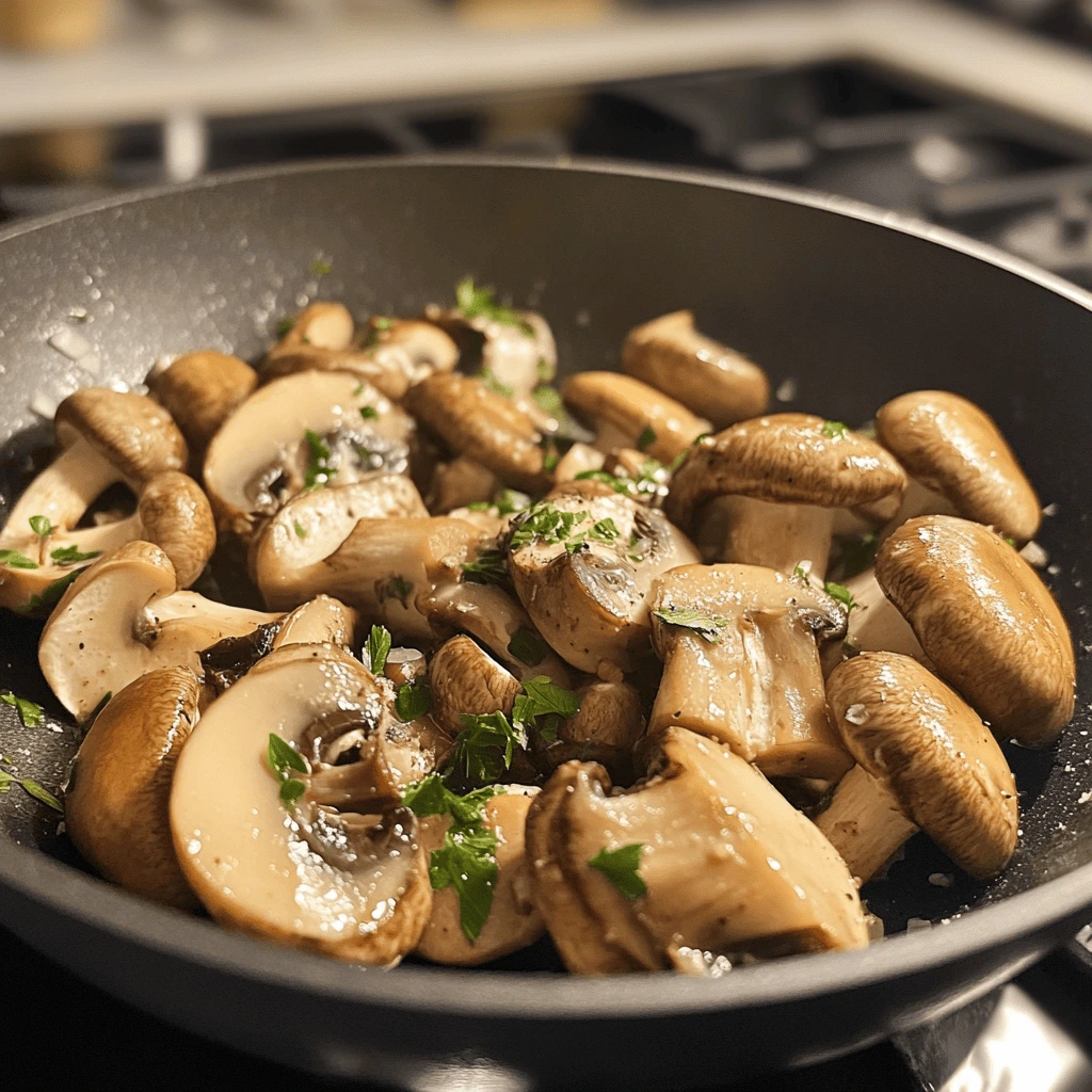 Sautéed king trumpet mushrooms in a pan, garnished with fresh parsley and lightly seasoned.