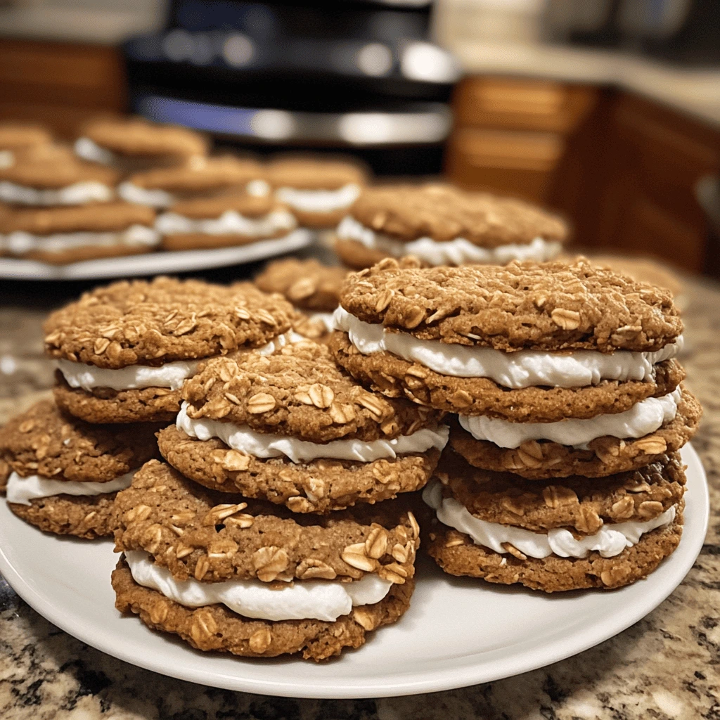 Close-up of homemade oatmeal cream pie cookies with a creamy white filling.