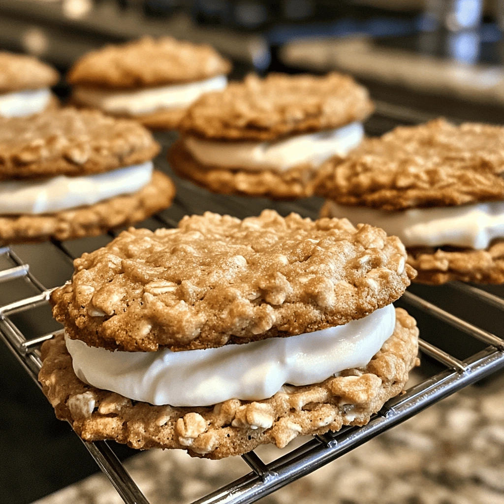 A plate stacked with oatmeal cream pie cookies, filled with fluffy white cream.