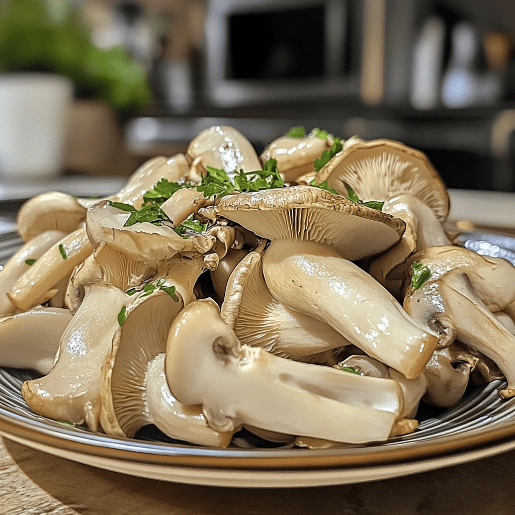 Fresh oyster mushrooms served on a plate, lightly garnished with fresh parsley.