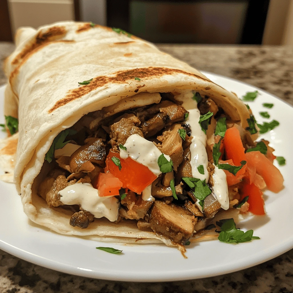 A wrap filled with oyster mushroom shawarma, fresh vegetables, and drizzled with a creamy sauce.