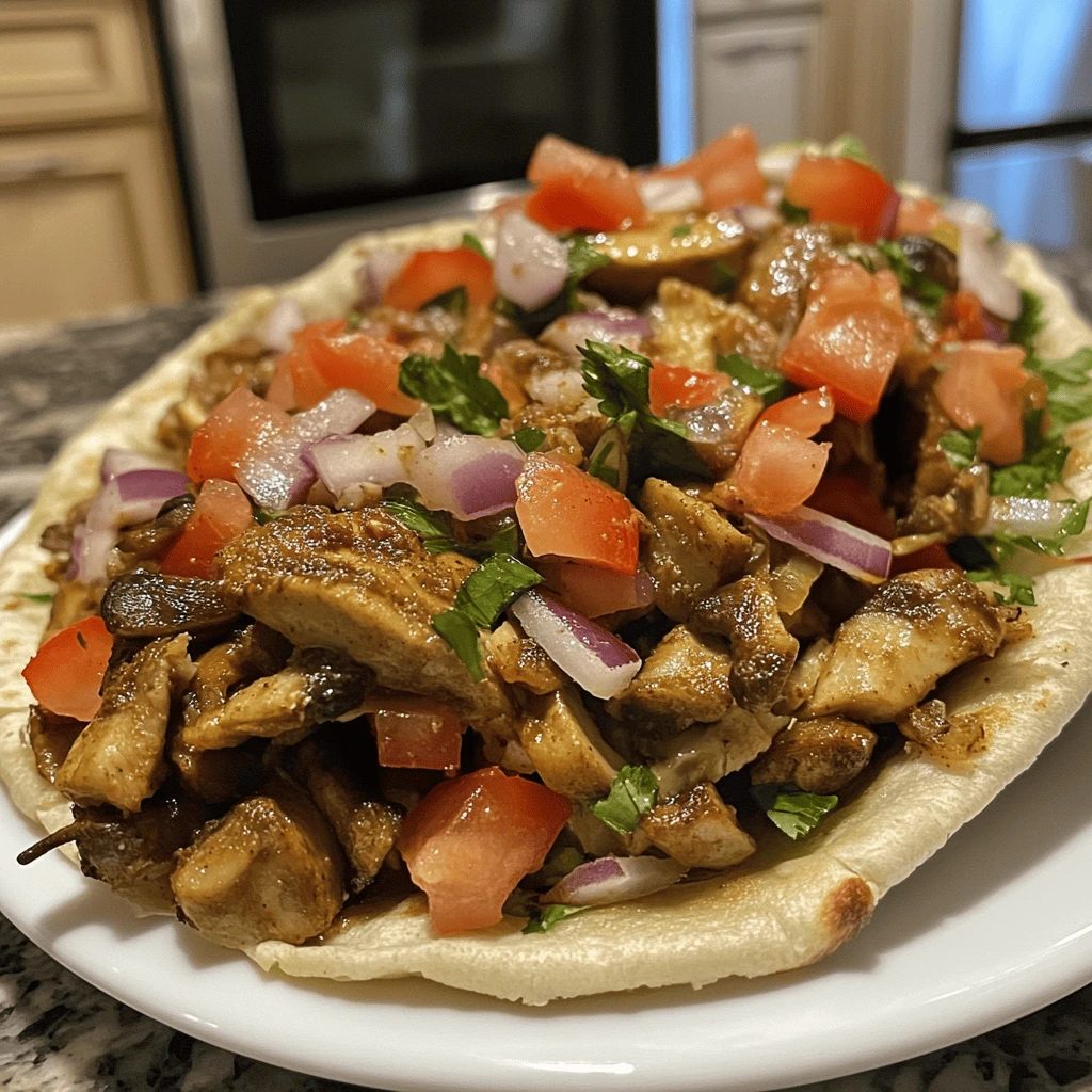 A plate of oyster mushroom shawarma served on flatbread with diced tomatoes, onions, and fresh herbs.