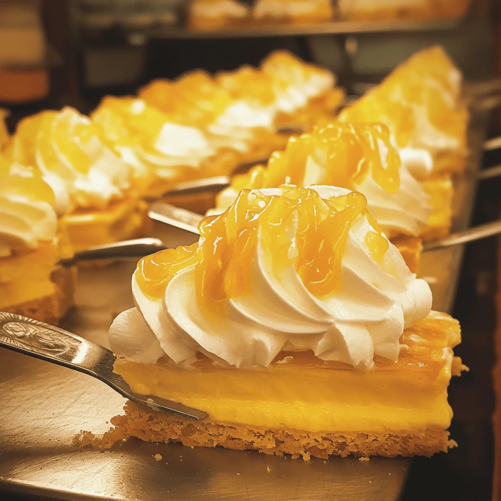 A close-up of Puerto Rican desserts, featuring slices of creamy yellow tart with a graham cracker crust, topped with whipped cream and drizzled with a golden fruit glaze.