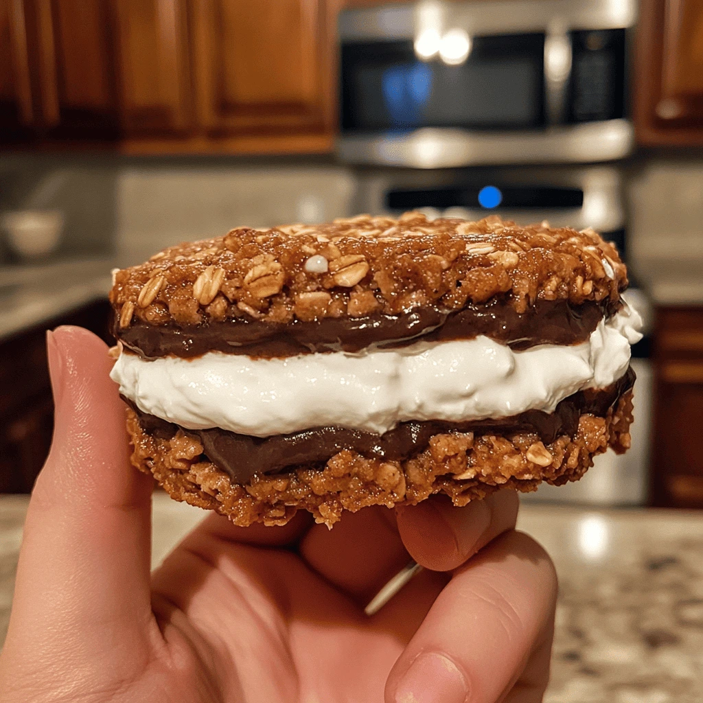 A homemade Little Debbie-style oatmeal creme pie with layers of marshmallow and chocolate filling.