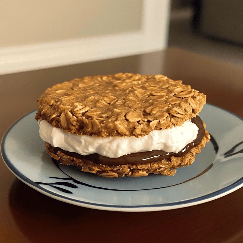 A homemade oatmeal creme pie with chocolate and marshmallow filling, sitting on a decorative plate.