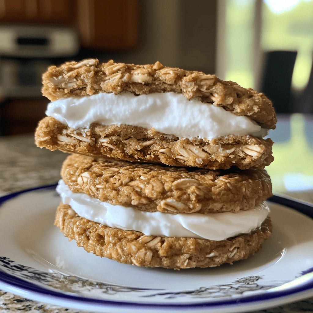 A stack of homemade oatmeal creme pies with a fluffy white filling, placed on a decorative plate.