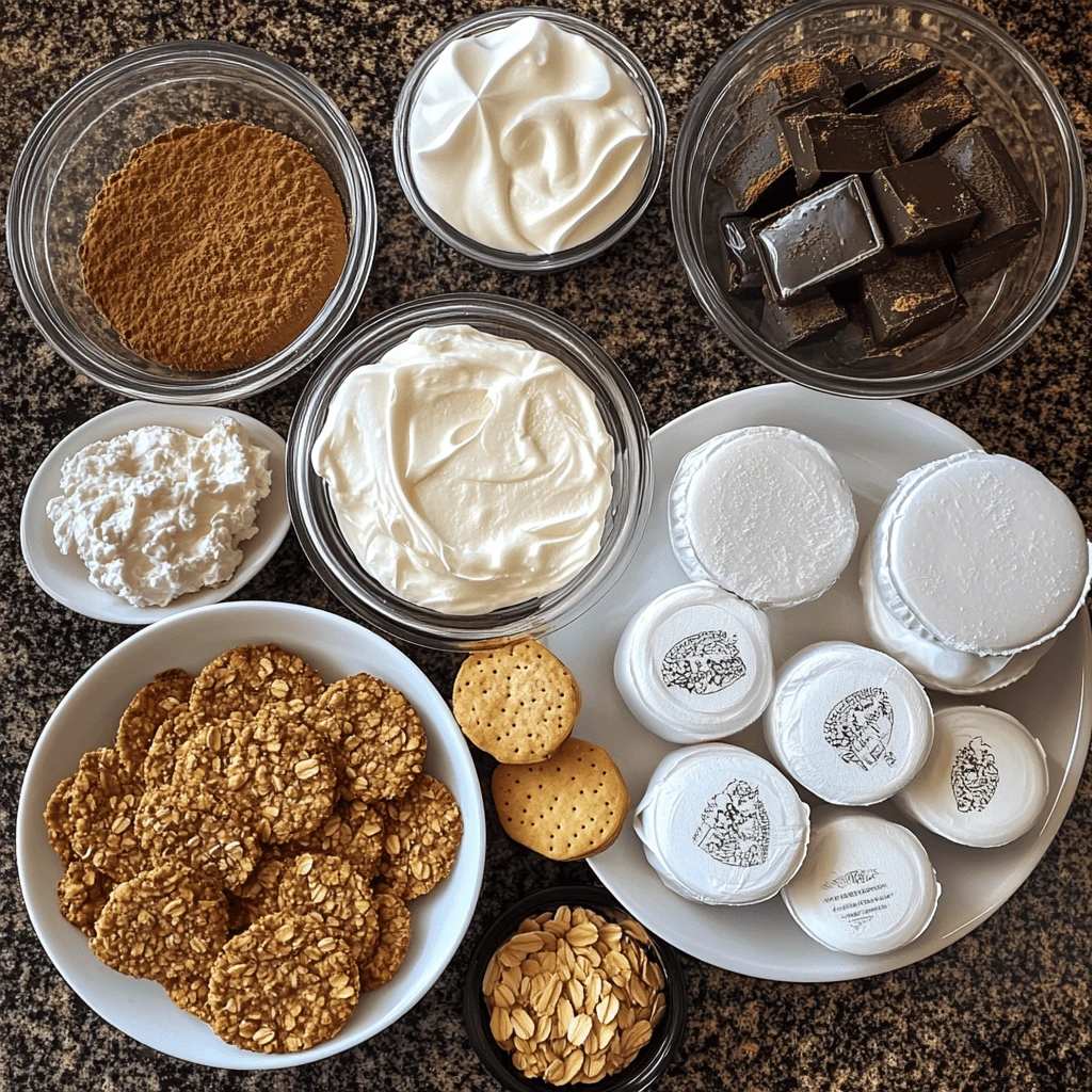 Various ingredients for making Little Debbie-style oatmeal creme pies, including oats, marshmallow creme, chocolate, and spices.