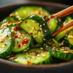 A close-up of a bowl of Asian marinated cucumbers garnished with sesame seeds and red chili flakes.