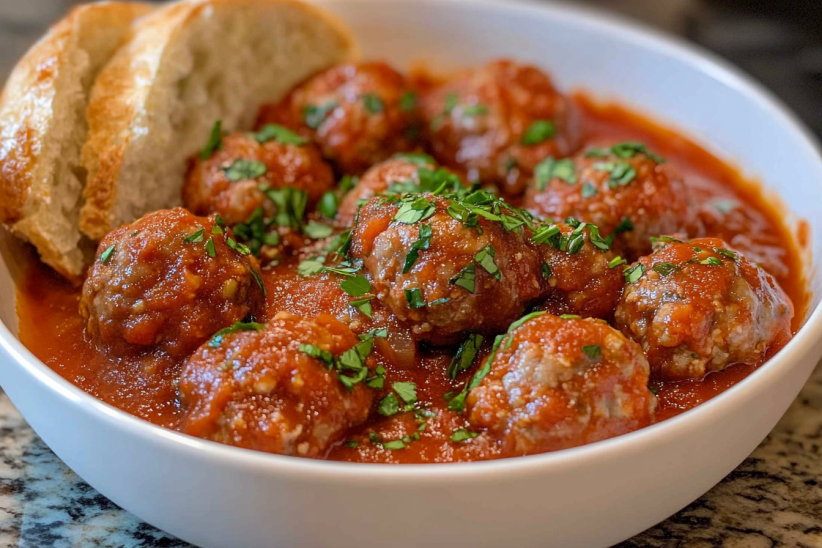 A bowl of meatballs in rich tomato sauce, garnished with fresh herbs and served with crusty bread. (Easy recipes with frozen meatballs)