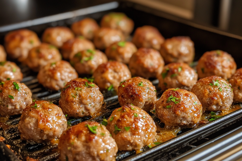 A batch of golden-brown frozen meatballs grilling on a tray, garnished with fresh herbs.