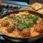 A skillet filled with spaghetti and Italian meatballs, topped with marinara sauce and fresh parsley (Frozen Italian meatball recipes)