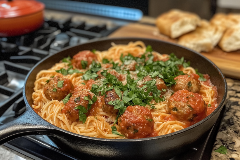 A skillet filled with spaghetti and Italian meatballs, topped with marinara sauce and fresh parsley (Frozen Italian meatball recipes)