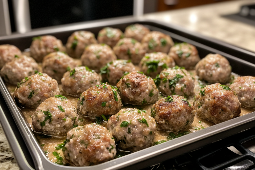 A tray of freshly baked Italian meatballs garnished with parsley and resting in a light broth.