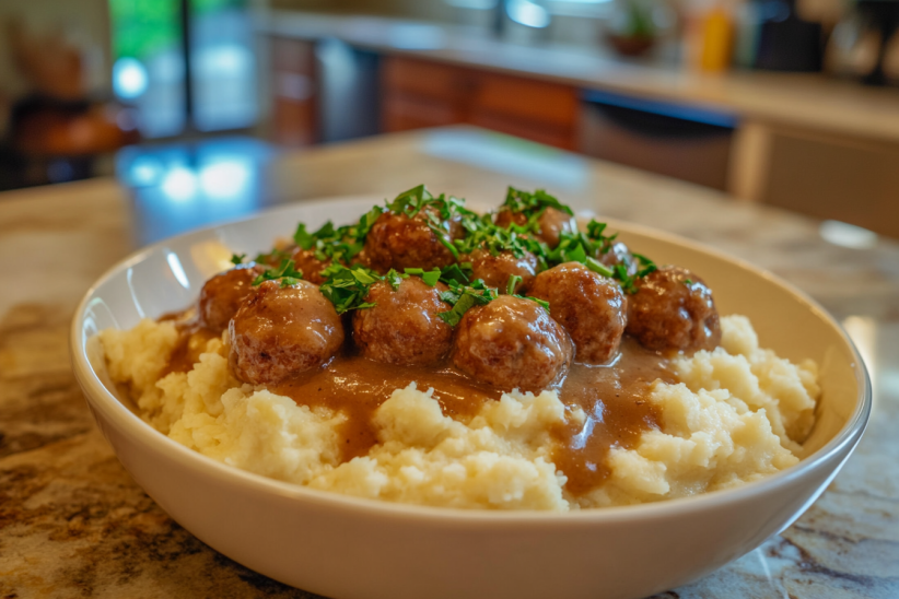 A bowl of mashed potatoes topped with frozen meatballs in rich brown gravy, garnished with fresh parsley. ( Frozen meatballs and gravy recipe )