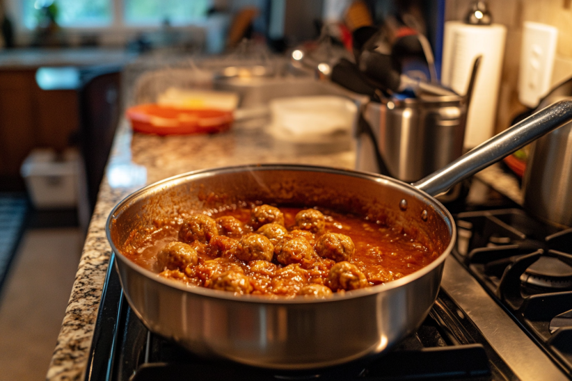  A pan filled with simmering frozen meatballs in a rich tomato-based sauce on a stovetop.
Title: Frozen Meatballs in Savory Sauce