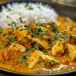 Golden Curry instructions : A plate of golden curry with tender chicken pieces, garnished with fresh herbs, served alongside fluffy white rice.