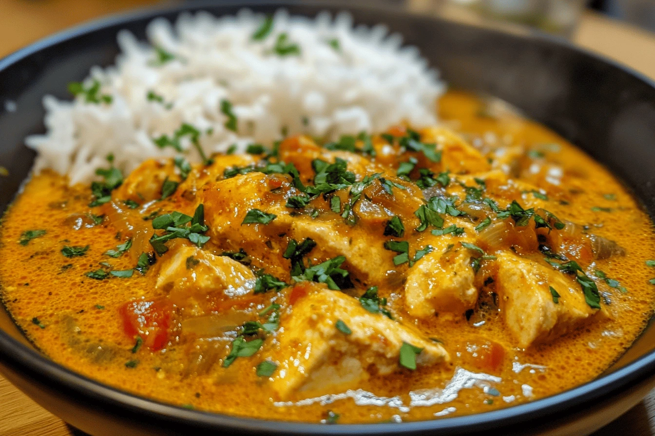 Golden Curry instructions : A plate of golden curry with tender chicken pieces, garnished with fresh herbs, served alongside fluffy white rice.