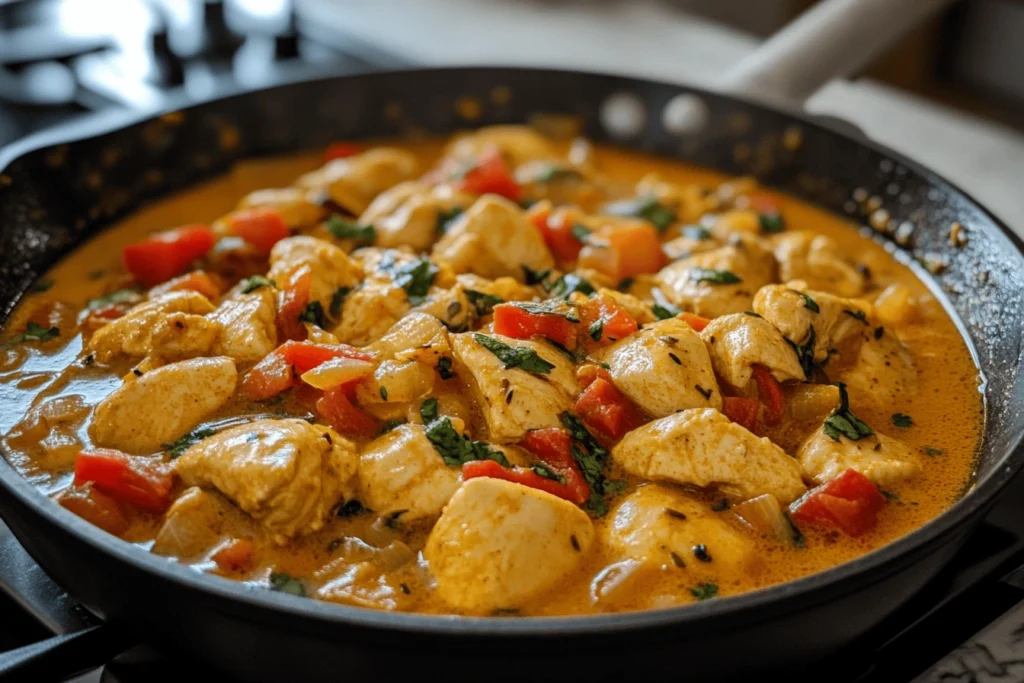 Golden Curry instructions : A pan of golden curry with chunks of chicken, red bell peppers, and onions simmering in a rich sauce.