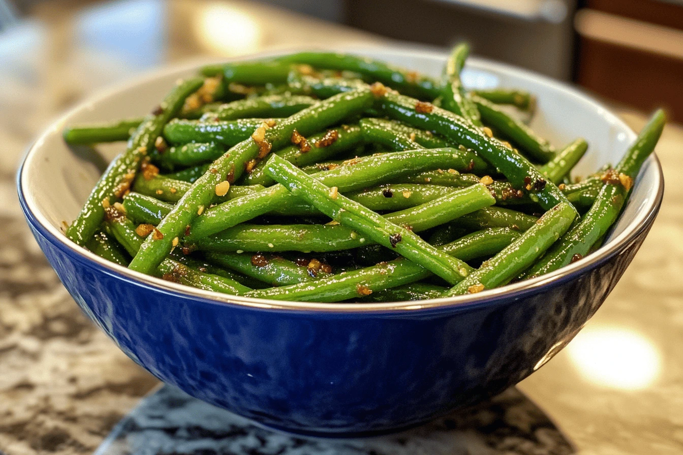 Sautéed green beans in a pan, cooked with seasonings to achieve a crispy texture.