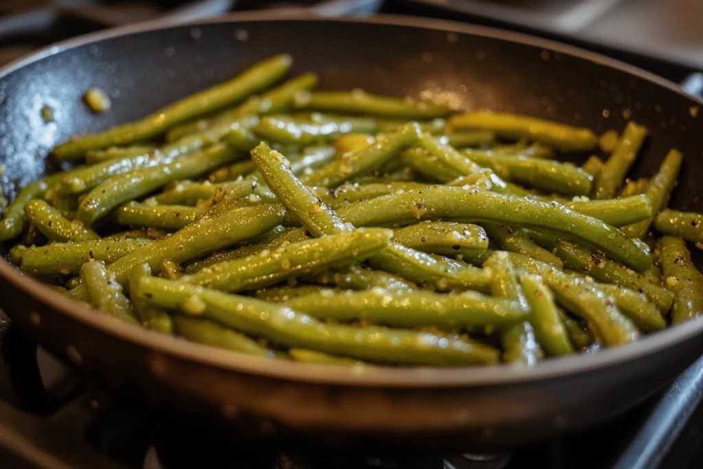 A close-up image of crispy green beans garnished with garlic and seasonings, served in a blue bowl.