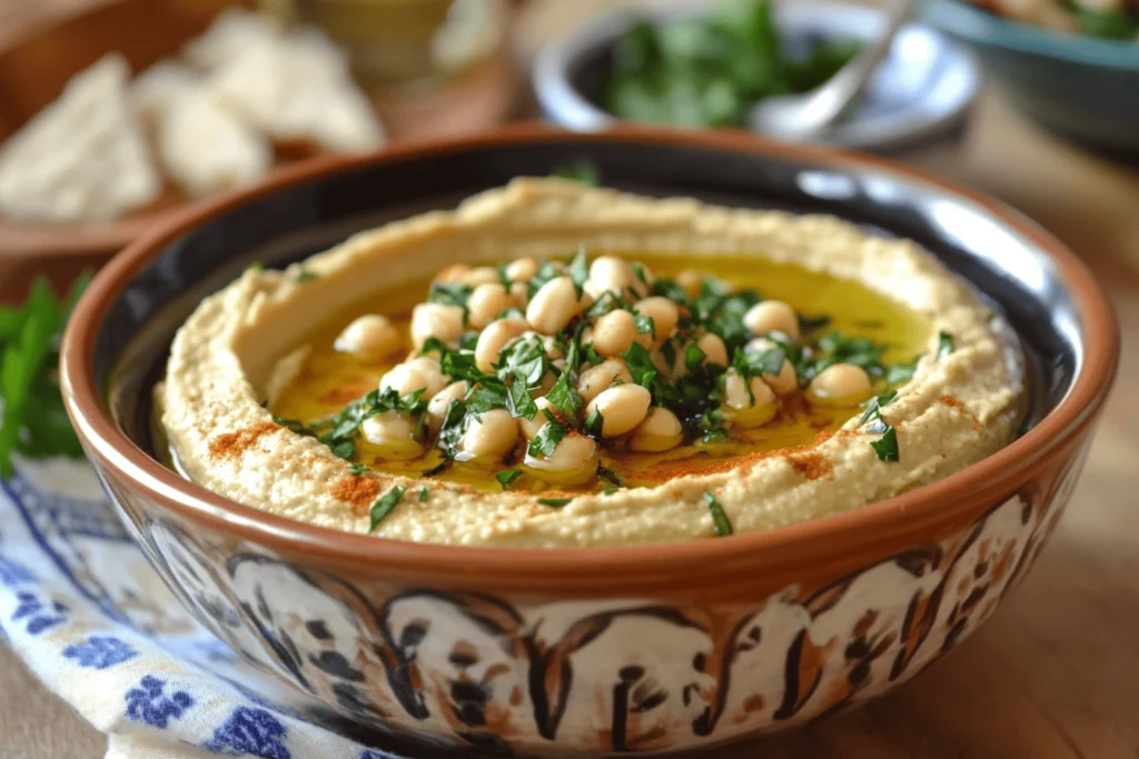 Hummus recipe Lebanese : A traditional Lebanese hummus dish served in a decorative bowl, garnished with chickpeas, parsley, and olive oil.