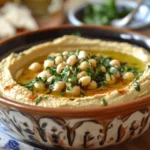 Hummus recipe Lebanese : A traditional Lebanese hummus dish served in a decorative bowl, garnished with chickpeas, parsley, and olive oil.