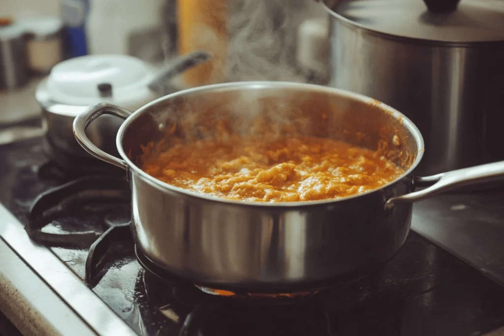 A steaming pot of freshly cooked hummus mixture on a stovetop, preparing a traditional Lebanese hummus recipe.