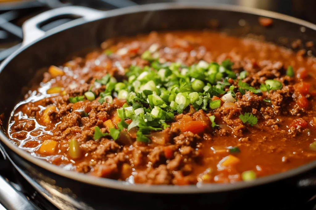 A steaming pot of Meat Church chili recipe with ground beef, tomatoes, and colorful bell peppers, garnished with chopped green onions and cilantro.