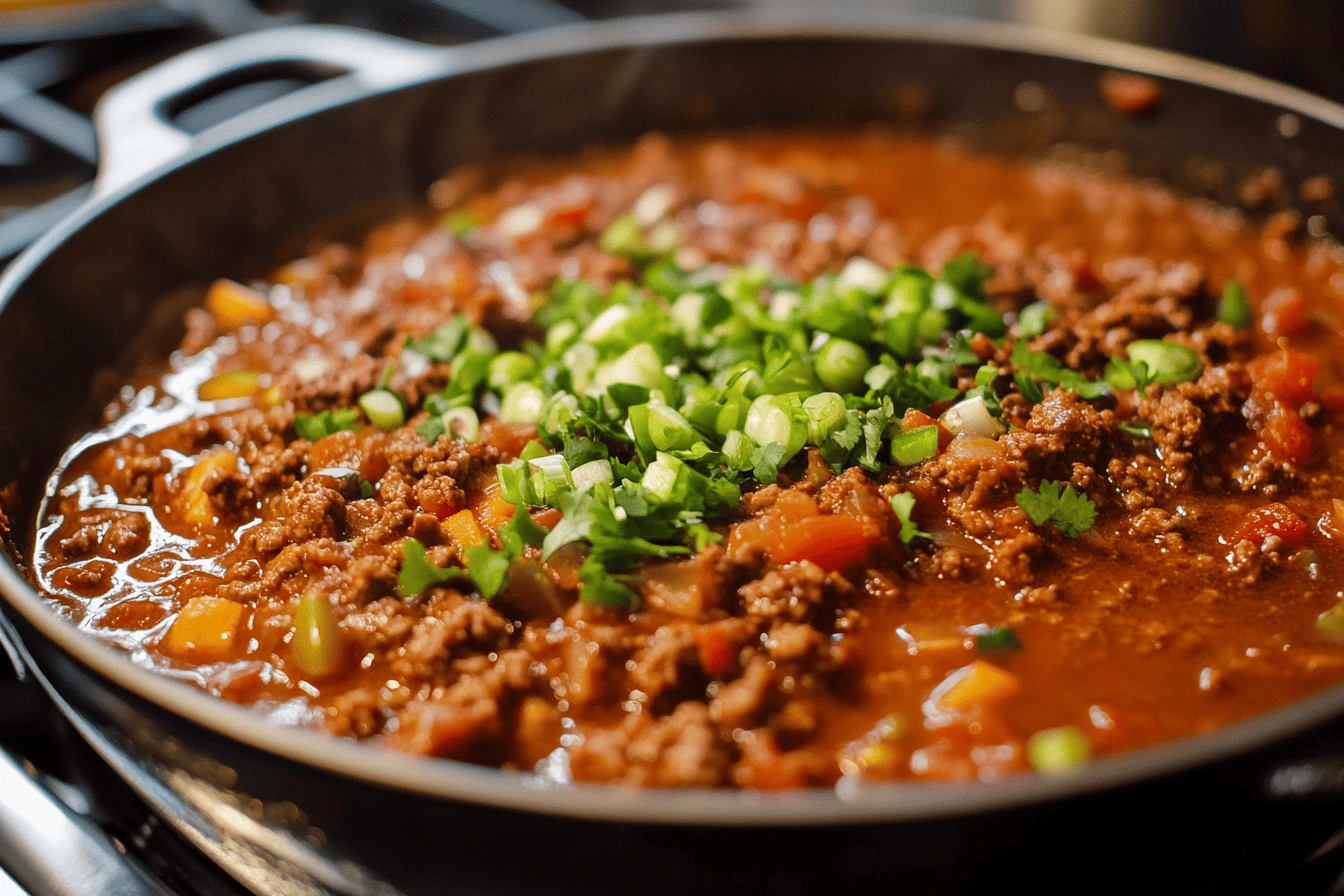 A steaming pot of Meat Church chili recipe with ground beef, tomatoes, and colorful bell peppers, garnished with chopped green onions and cilantro.