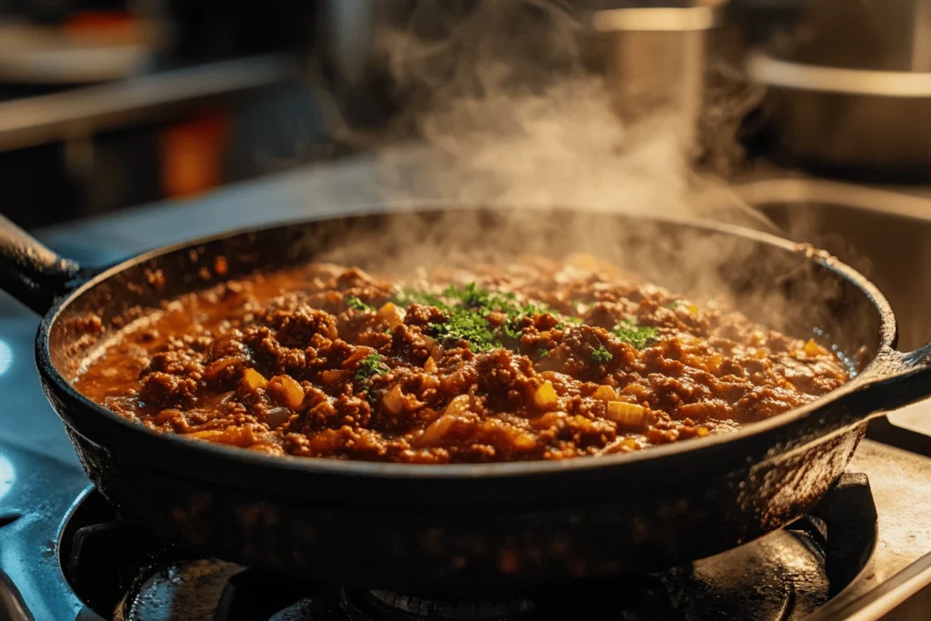 A steaming cast-iron skillet filled with Meat Church chili, featuring ground beef, onions, and a rich, smoky sauce.