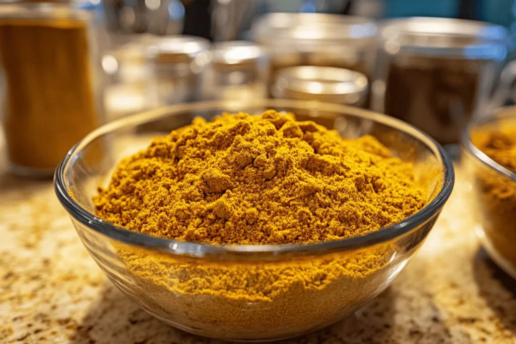 S&B curry powder recipe : A glass bowl filled with S&B curry powder on a kitchen counter, surrounded by spice jars in the background.