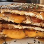 Stuffed French toast with melted white cheese and crispy bacon inside