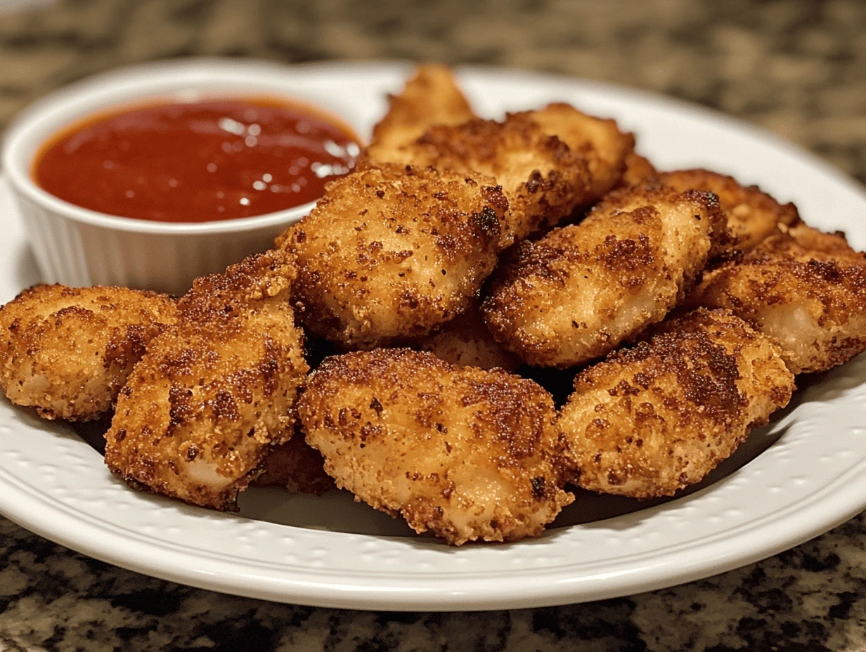 Crispy golden-brown air fryer chicken bites served on a white plate with a side of dipping sauce.