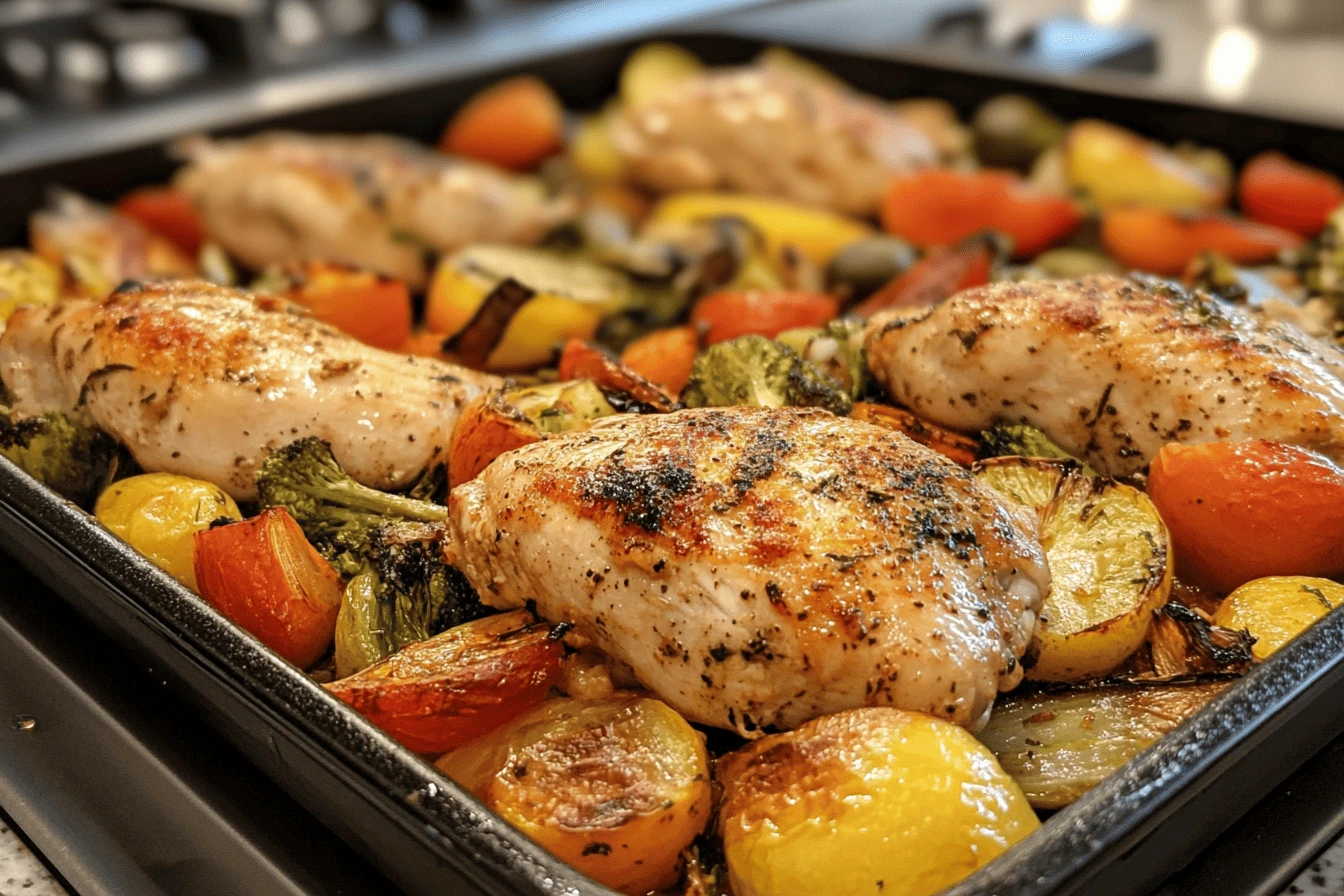 Roasted chicken breasts with autumn vegetables on a sheet pan.