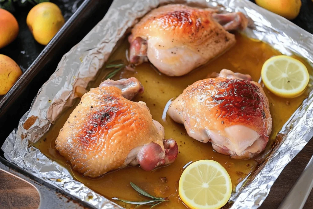 Baked chicken thighs with a honey-lemon glaze in a foil-lined baking tray.