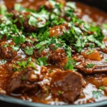 A close-up of a rich and hearty Brisket Chili Recipe, garnished with fresh chopped cilantro.