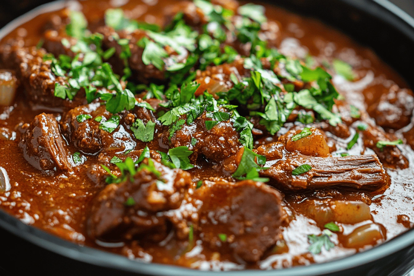 A close-up of a rich and hearty Brisket Chili Recipe, garnished with fresh chopped cilantro.