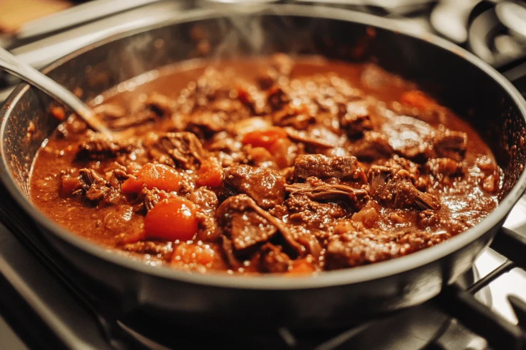 A simmering pan of brisket chili with chunks of tender beef, tomatoes, and a rich sauce.