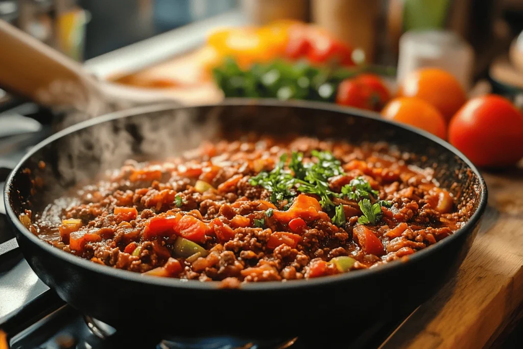 hili Recipe with Real Tomatoes : A steaming pan of homemade chili with ground meat, diced real tomatoes, and fresh herbs, cooking on a stovetop.