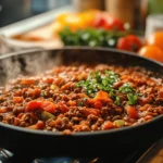 hili Recipe with Real Tomatoes : A steaming pan of homemade chili with ground meat, diced real tomatoes, and fresh herbs, cooking on a stovetop.