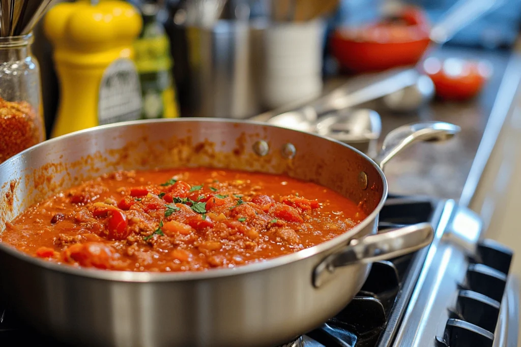 Chili Recipe with Real Tomatoes :  A delicious homemade chili made with fresh tomatoes, ground meat, and flavorful spices, simmering in a pan.