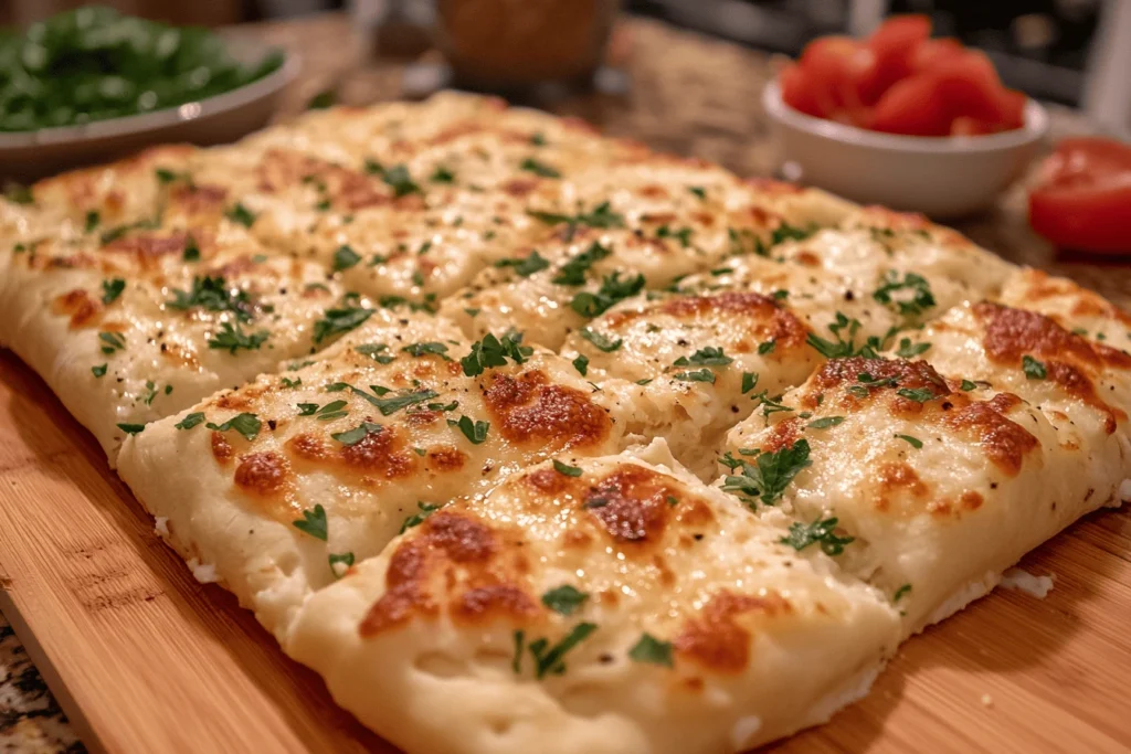 Cottage cheese recipes : A freshly baked cheesy flatbread topped with golden-brown melted cheese and garnished with fresh parsley, served on a wooden cutting board.