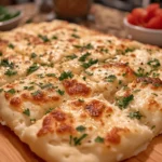 Cottage cheese recipes : A freshly baked cheesy flatbread topped with golden-brown melted cheese and garnished with fresh parsley, served on a wooden cutting board.