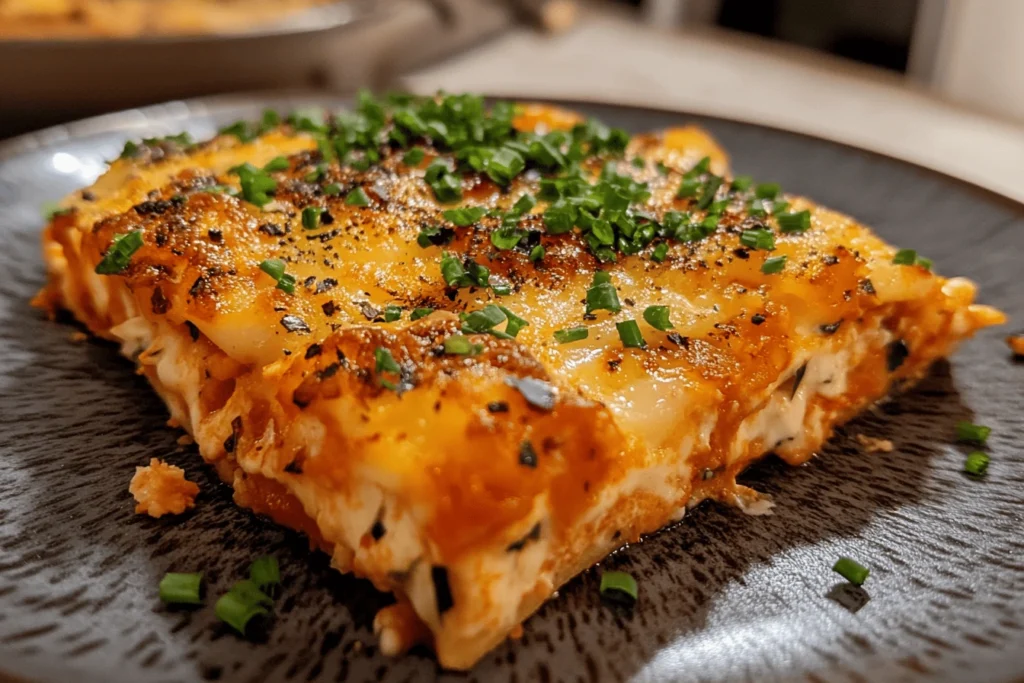 A slice of cheesy lasagna with a golden-brown top layer, filled with cottage cheese and herbs, garnished with fresh chopped chives on a dark plate.