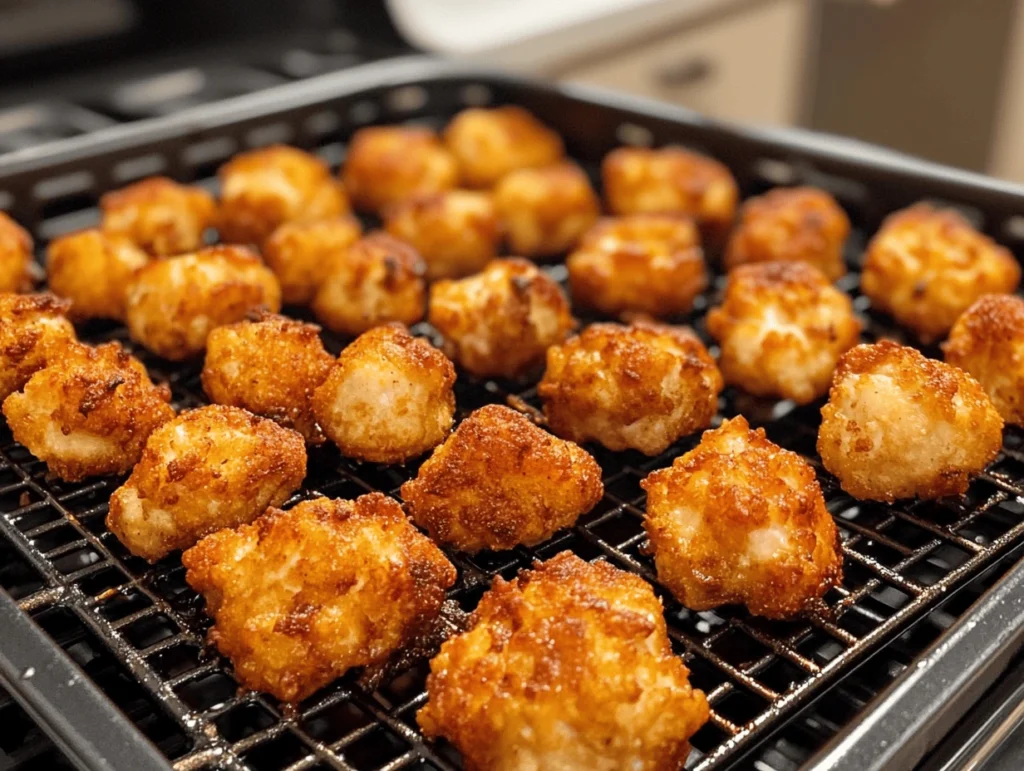 Crispy air fryer chicken bites on a cooking tray, fresh out of the air fryer.