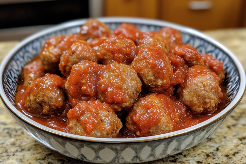 A bowl filled with crockpot-cooked meatballs coated in a rich tomato sauce. (Crockpot Frozen Meatballs Recipe)