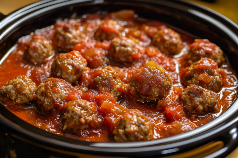 A close-up of meatballs in a crockpot, simmering in a tomato-based sauce. (crockpot frozen meatball recipes)